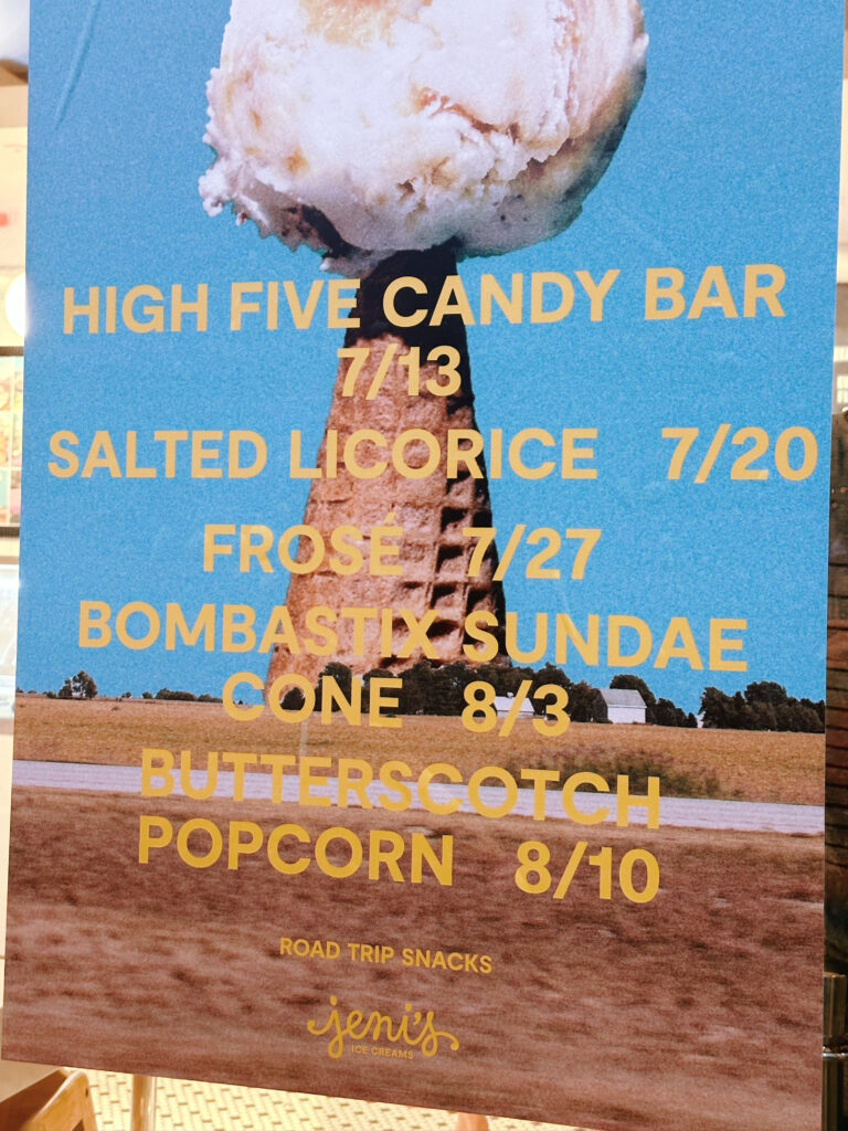 A list of summer ice cream flavors that Jeni's ice cream will release: High Five Candy Bar, Salted Licorice, Frose, Bonbastix Sundae Cone, and Butterscotch Popcorn.