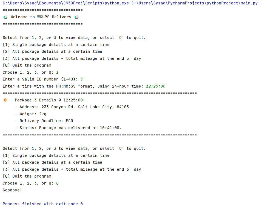 A snippet of output in PyCharm's terminal that shows my code output for this project.